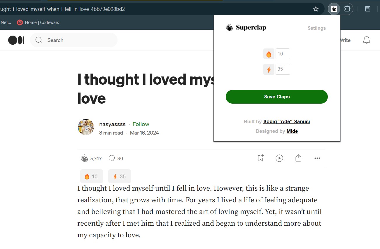 An image of superclap being used on a medium article