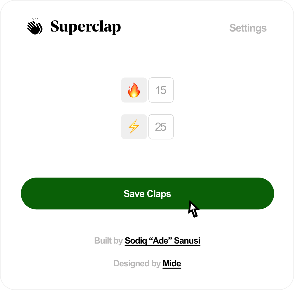 The extension's interface for customizing amount of claps per button